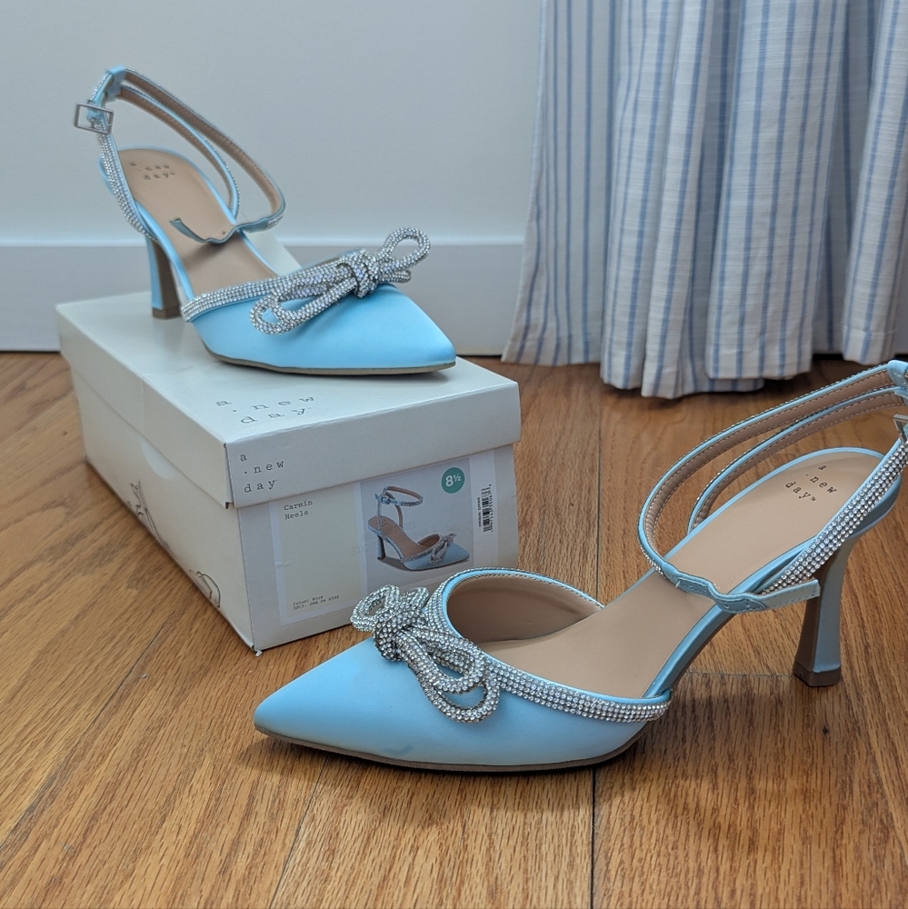 A New Day Blue Slingback Heels with Crystal Embellishments